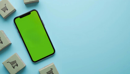 A modern smartphone with a bright green screen for a mockup, surrounded by small cardboard boxes with shopping cart icons on a light blue background, perfect for a retail, e-commerce, or digital marke