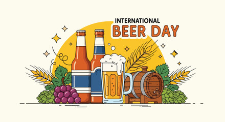 Cartoon illustration of beer bottles, frothy mug, wooden barrel, hops, wheat, and grapes under International Beer Day banner, symbolizing celebration, brewing tradition, and festive beer culture