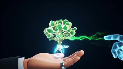 A futuristic representation of technology helping entrepreneurs nurture new business ideas. A robotic hand points towards a young plant symbolizing growth, innovation, and success