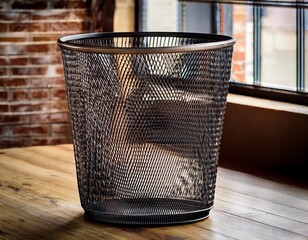 a wire mesh wastebasket with a geometric pattern adding a modern touch to an industrial style loft