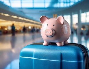 piggy bank atop a blue suitcase symbolizes saving for travel at a vibrant airport terminal