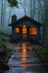 "Light shines on cabin in woods."