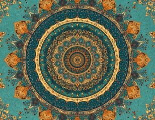 Naklejka premium Ornate circular pattern in teal, gold, and orange
