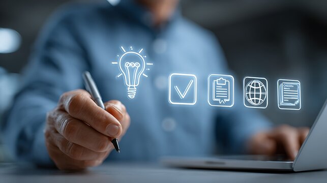 Person working on laptop with glowing idea icons.