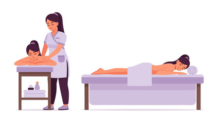 Two women receiving relaxing spa treatments with one getting a massage and the other lying on a massage table