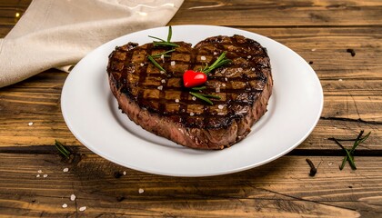 Heart-shaped steak on white plate