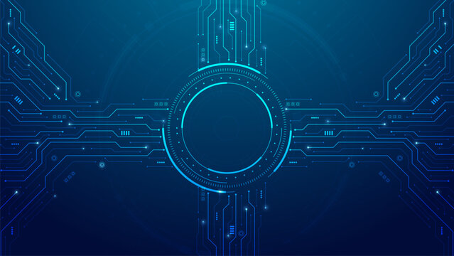 Abstract circuit board with electronic elements. Circuit board with HUD frame, connected lines and dots. AI and digital technology. Innovation, science, and engineering concepts. Vector illustration - Powered by Adobe