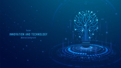 Fototapeta na wymiar Concept of Innovation and business innovative idea and solution technology. Circuit light bulb on abstract hi-tech future blue background. Analysis solution and development. Vector illustration.