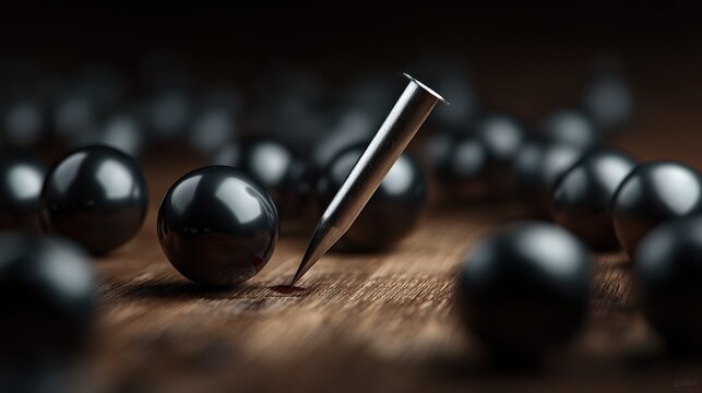 Abstract composition with a sharp steel nail piercing a wooden surface leaving a drop of blood surrounded by dark metallic balls