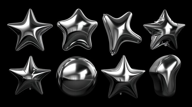 Set of realistic silver foil balloons in star and sphere shapes with chrome metallic texture isolated on black background