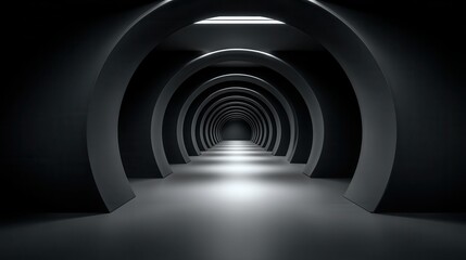 Obraz premium Dark futuristic tunnel with repeating arches and glowing lights creating a long corridor with one point perspective and minimalist architectural design