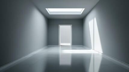 Modern architectural interior of a long empty hallway with a glossy floor, an open doorway, and dramatic light and shadow from a ceiling window