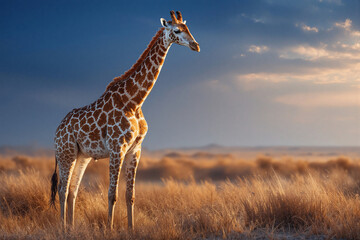 Obraz premium full-body side view of a Giraffe in the savannah, detailed fur texture, soft natural sunlight, under a clear blue sky with no clouds