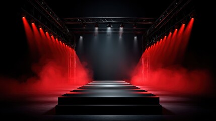 Empty fashion show runway or concert stage with dramatic red spotlights and smoke effects on a dark background for product presentation or performance