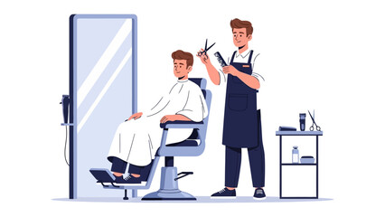Skilled barber carefully trims client s hair in a modern salon setting with a large mirror
