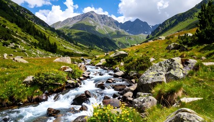 A sunlit valley scene with a rushing river carving through a green landscape. Towering mountains frame the valley