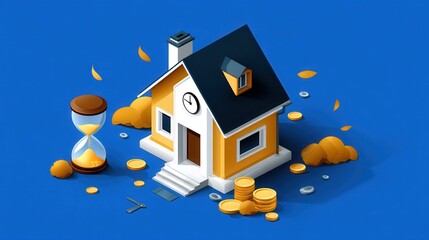 Isometric house with hourglass and gold coins representing real estate investment, mortgage payments, and property value over time