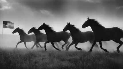 Fototapeta premium Wild Horses Galloping Across the American Prairie: A Dramatic Scene of Power, Freedom, and Patriotism in Black and White Photography