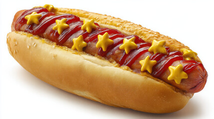 Delicious Hotdog with Star-Shaped Mustard and Ketchup Garnish on Sesame Seed Bun
