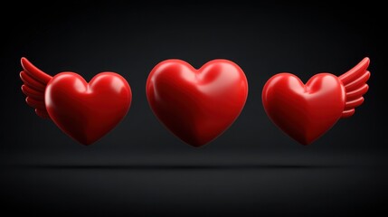 Three glossy red hearts with wings floating on a black background for Valentine's Day romance and love concepts