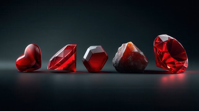 The evolution of a red ruby gemstone from a raw uncut mineral to various polished and faceted cuts including a final heart shape