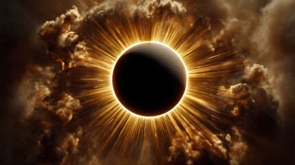 Dramatic total solar eclipse with a bright golden corona and radiant light beams surrounded by cosmic dust clouds in deep space