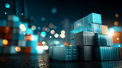 Modern stacked shipping containers illuminated by blue and orange lights at night port terminal with blurred bokeh background in global logistics industry
