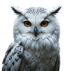 Obraz premium White owl staring with bright yellow eyes in a close-up wildlife forest portrait