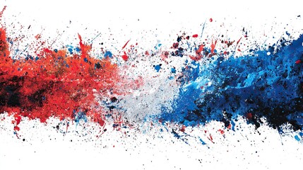 an artistic abstract design featuring splatters and drips of paint in various shades, with the upper portion predominantly blue and red, transitioning to gray in the lower part