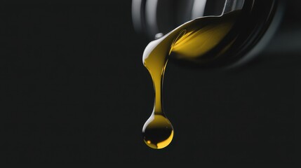 Fototapeta na wymiar Close up of viscous yellow liquid, like cooking oil or engine lubricant, forming a perfect droplet against a dark isolated background