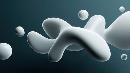 Glossy white organic forms and smooth spheres floating in a dynamic composition against a dark teal background