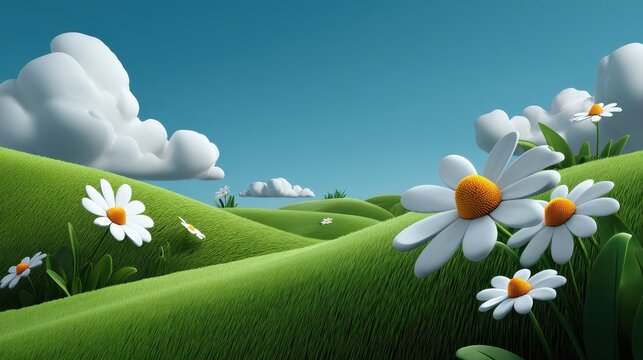 Stylized landscape with rolling green hills and daisy flowers under a clear blue sky with puffy white clouds