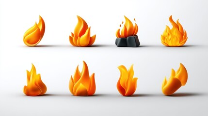 Collection of stylized fire and flame icons in various shapes including a bonfire with charcoal for graphic design elements