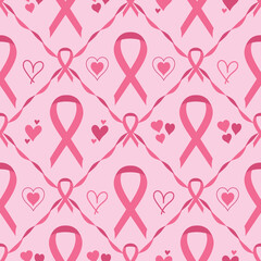 Breast cancer awareness pink ribbon seamless pattern with hearts background. Hand drawn pattern for cancer prevention, Women health care campaign in october.