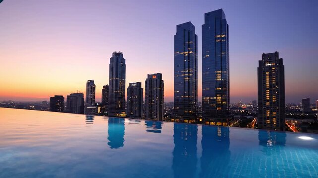 Luxury skyline sunset view from infinity pool creates a calming ambiance for relaxation and escape in a modern urban oasis penthouse condo