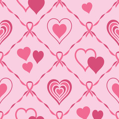 Hand drawn pink ribbon and hearts seamless pattern for breast cancer awareness. Women health care campaign in october month.