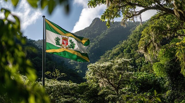 a vibrant flag of st. lucia, fluttering in the wind against a backdrop of lush green trees