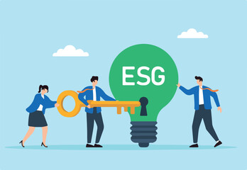 Flat illustration of employees unlocking green ESG lightbulb with teamwork key to activate clean energy initiatives