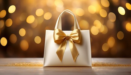 cream colored shopping bag with gold ribbon bow against a backdrop of golden bokeh