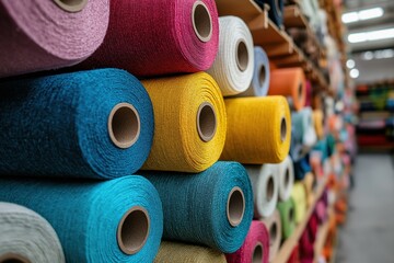 A Vibrant Display of Colorful Yarn Spools Arranged in a Neat, Organized Manner, Showcasing a Wide Spectrum of Textiles for Creative Projects