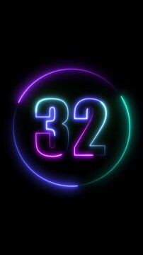 glowing neon three colors Inside the circle 32 number text icon animation on a black background.