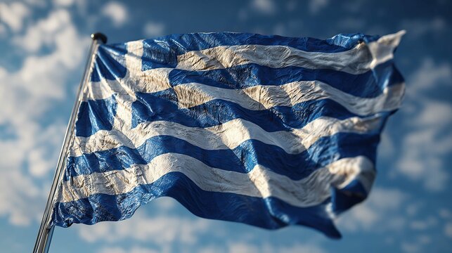 the flag of greece is prominently featured in the image against a backdrop of a clear sky, emphasizing its cultural significance and possibly symbolizing national pride