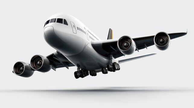Large four-engine passenger airplane with landing gear down shown from a low angle view during takeoff or landing isolated on a clean white background