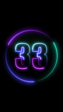 glowing neon three colors Inside the circle 33 number text icon animation on a black background.