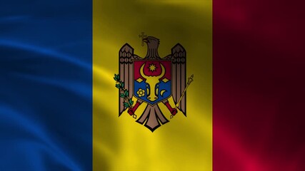 Waving flag of the Republic of Moldova, a national symbol of Eastern Europe with detailed emblem - Powered by Adobe