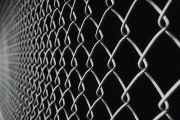 Fototapeta premium Close up abstract perspective of a stark black and white chain link fence creating a textured diamond pattern against a dark background