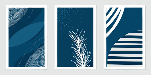 Three abstract minimalist blue and white graphic art panels with organic shapes and textures