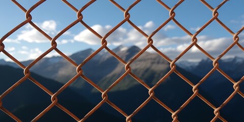 Fototapeta premium A close up perspective through an orange chain link fence overlooking beautiful mountain peaks and fluffy clouds in the background