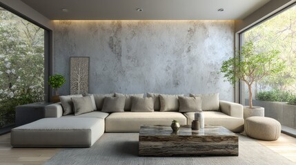 Cozy living room featuring a neutral sofa, textured wall, plants, and natural light