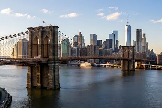 Iconic brooklyn bridge and manhattan skyline illuminated at dusk with calm water reflecting the city lights and sky